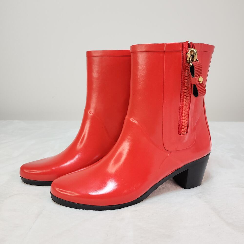 Kate Spade Cherry Red Heeled Rain Boots Size 8 Waterproof Glossy Ankle Bootie